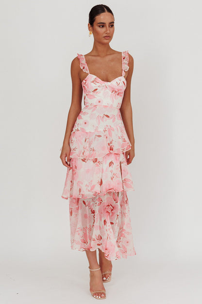 Veda Strappy Back Ruffle Maxi Dress Flowers Blush