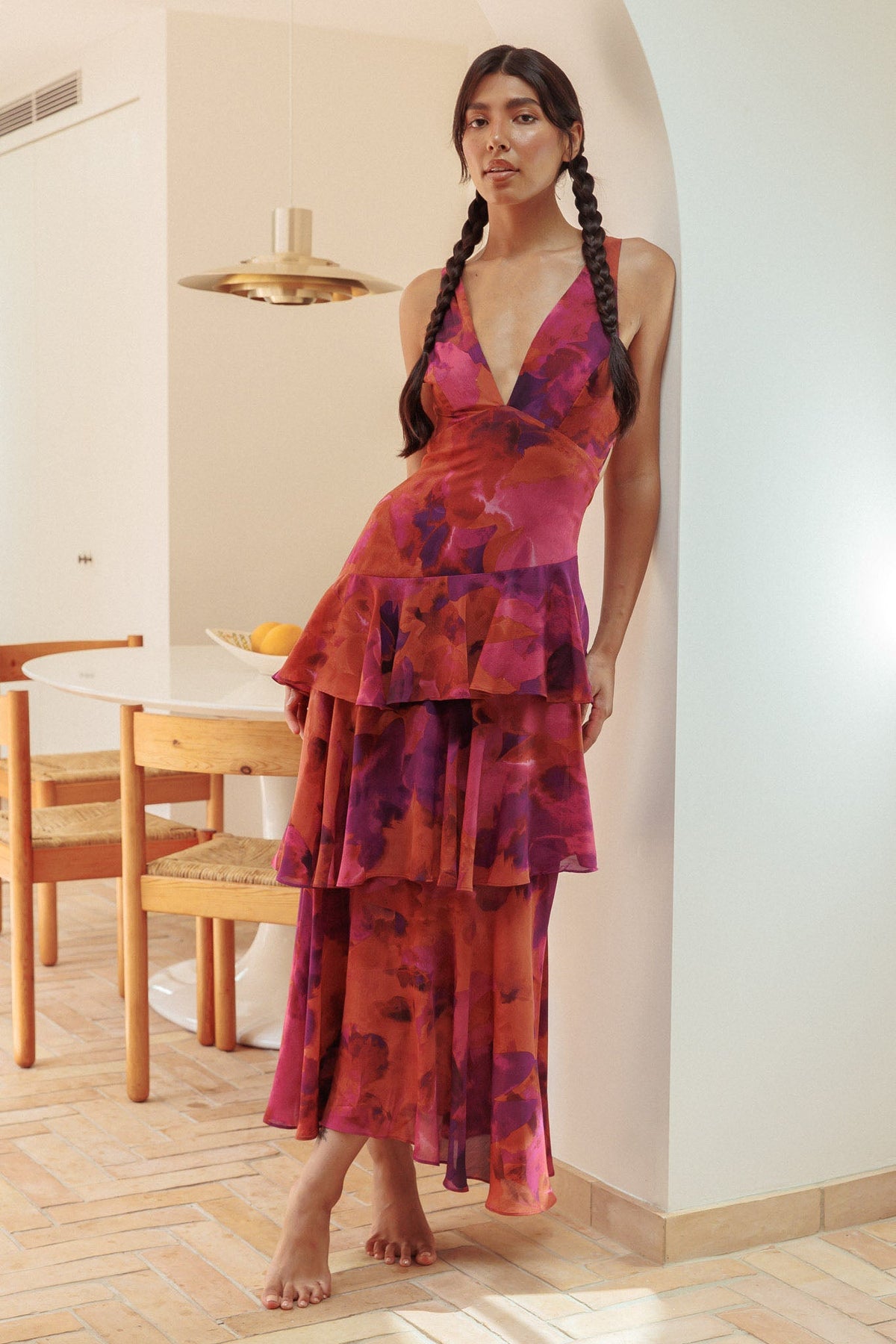 Veda Strappy Back Ruffle Midi Dress Dark Rose