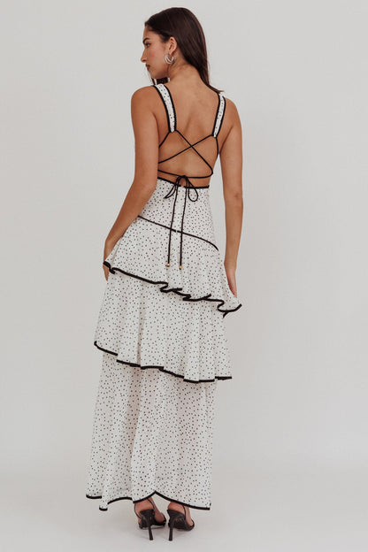 Veda Strappy Back Ruffle Maxi Dress Polka Dot White