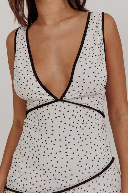Veda Strappy Back Ruffle Maxi Dress Polka Dot White