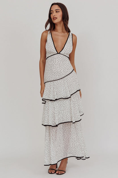 Veda Strappy Back Ruffle Maxi Dress Polka Dot White