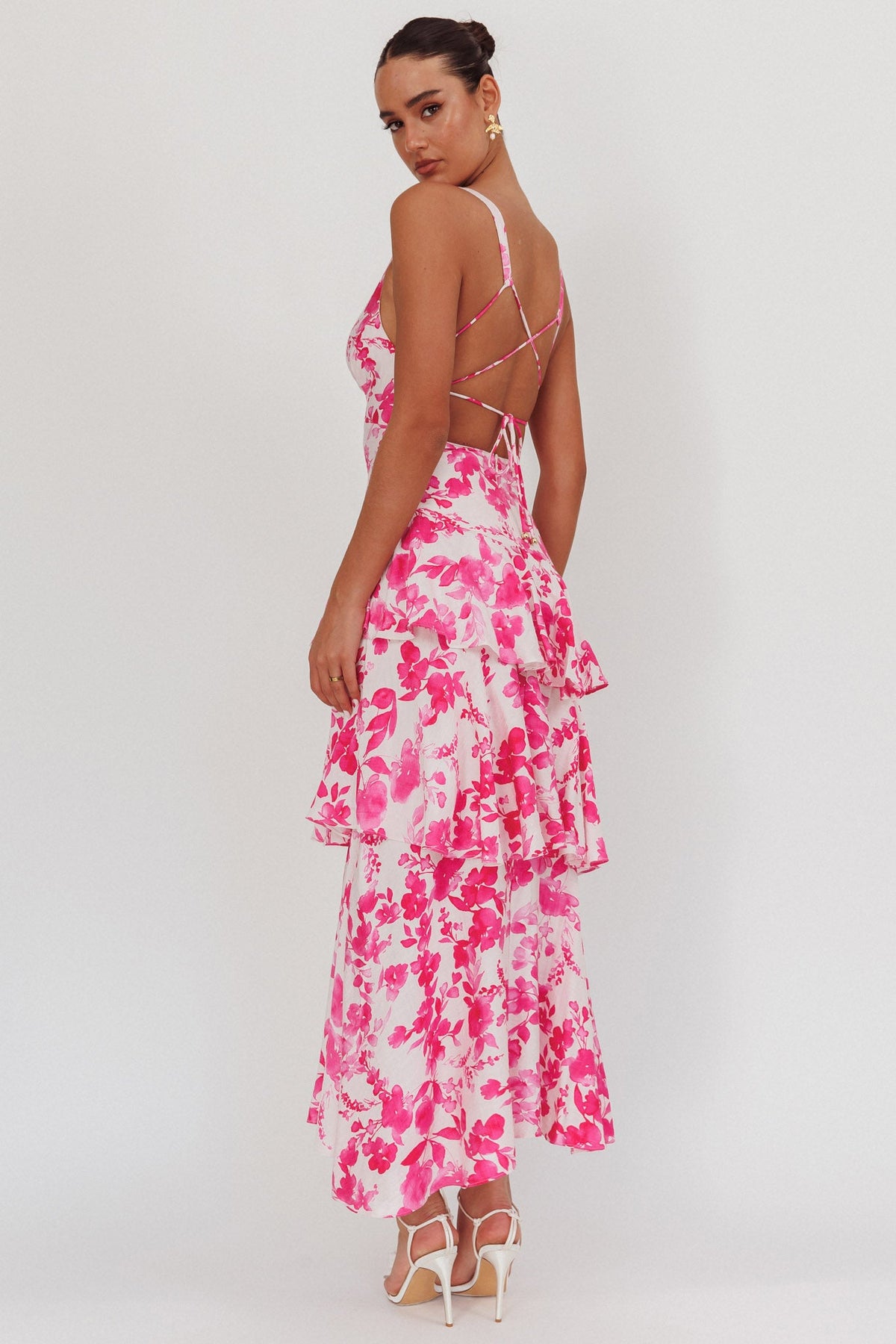 Veda Strappy Back Ruffle Maxi Dress Floral Fuchsia
