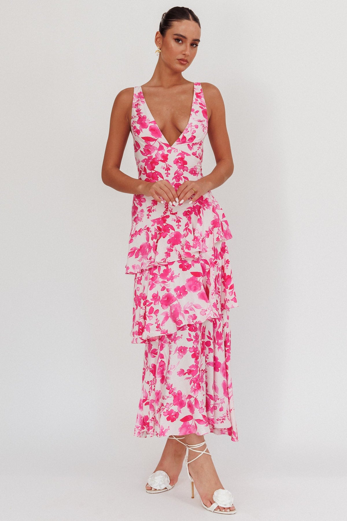 Veda Strappy Back Ruffle Maxi Dress Floral Fuchsia