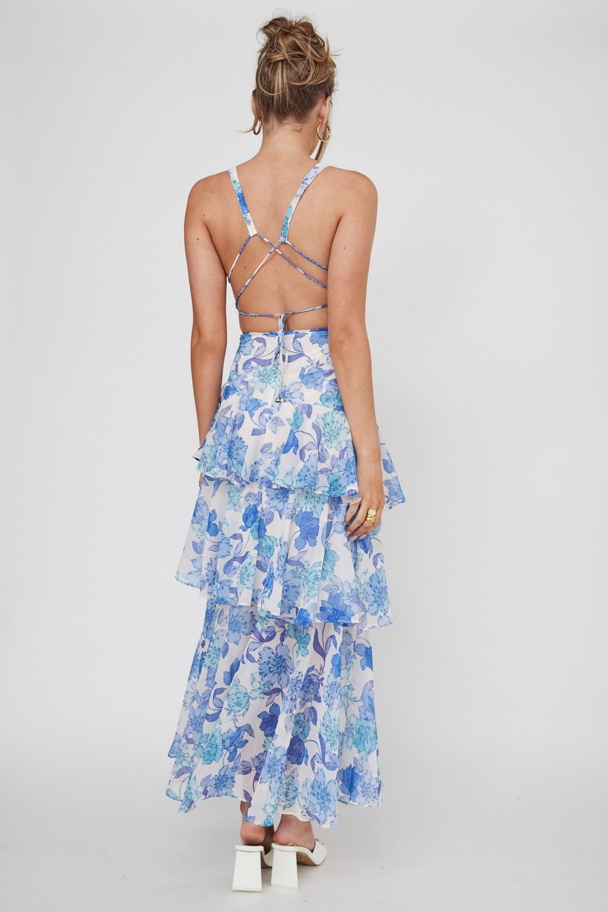 Veda Strappy Back Ruffle Midi Dress Floral Blue