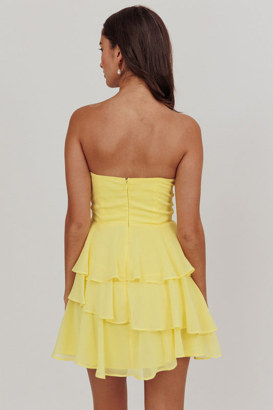 Veda Strapless Ruffle Mini Dress Lemon