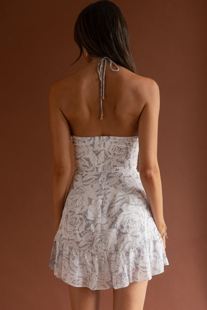 Date Night Drawstring Bust Mini Dress Floral Grey
