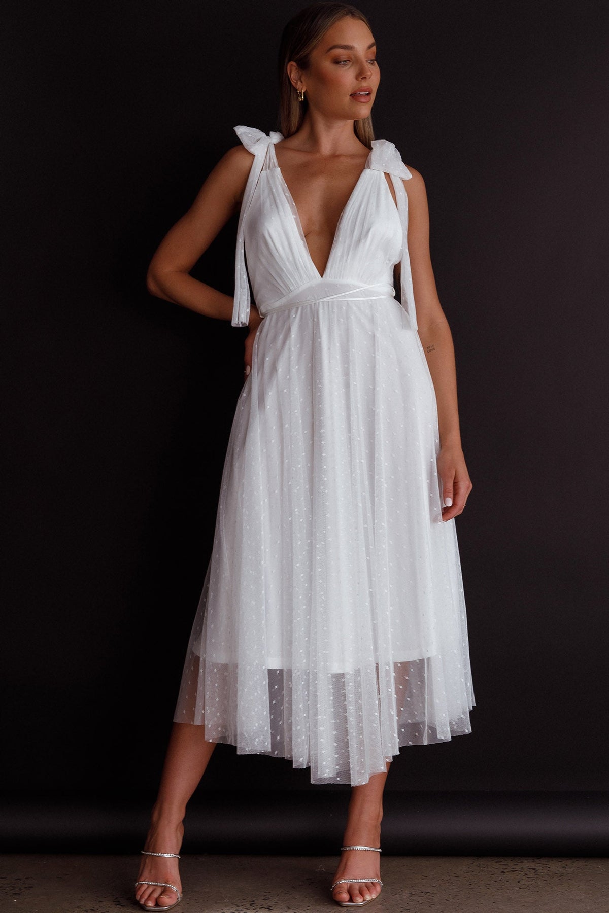 Kathryn Tied Shoulder Mesh Midi Dress White