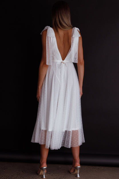 Kathryn Tied Shoulder Mesh Midi Dress White