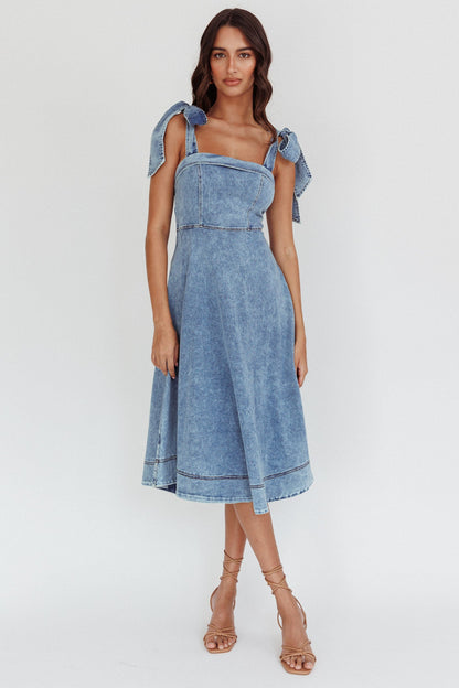Jeanie Bow Shoulder Midi Dress Wash Denim Blue