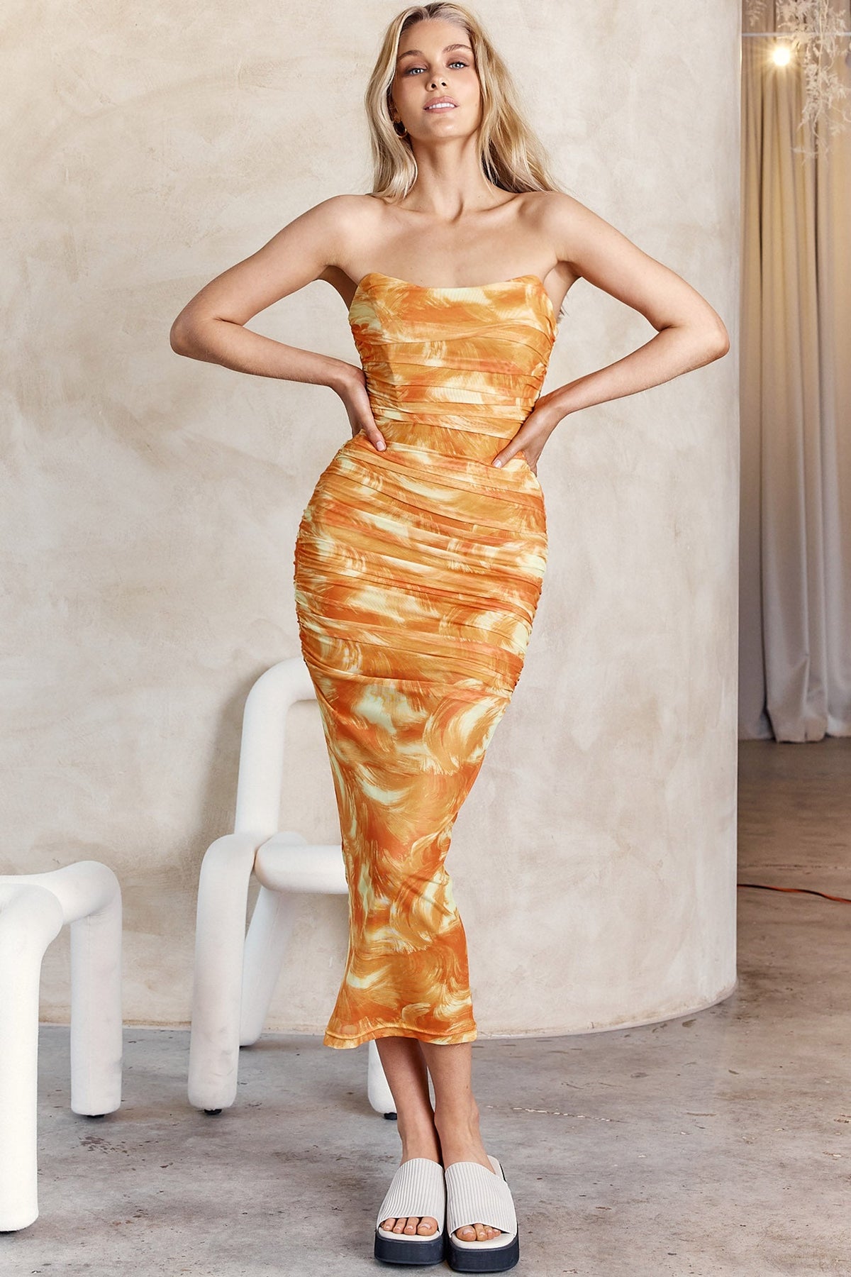 Logan Strapless Ruched Midi Dress Orange
