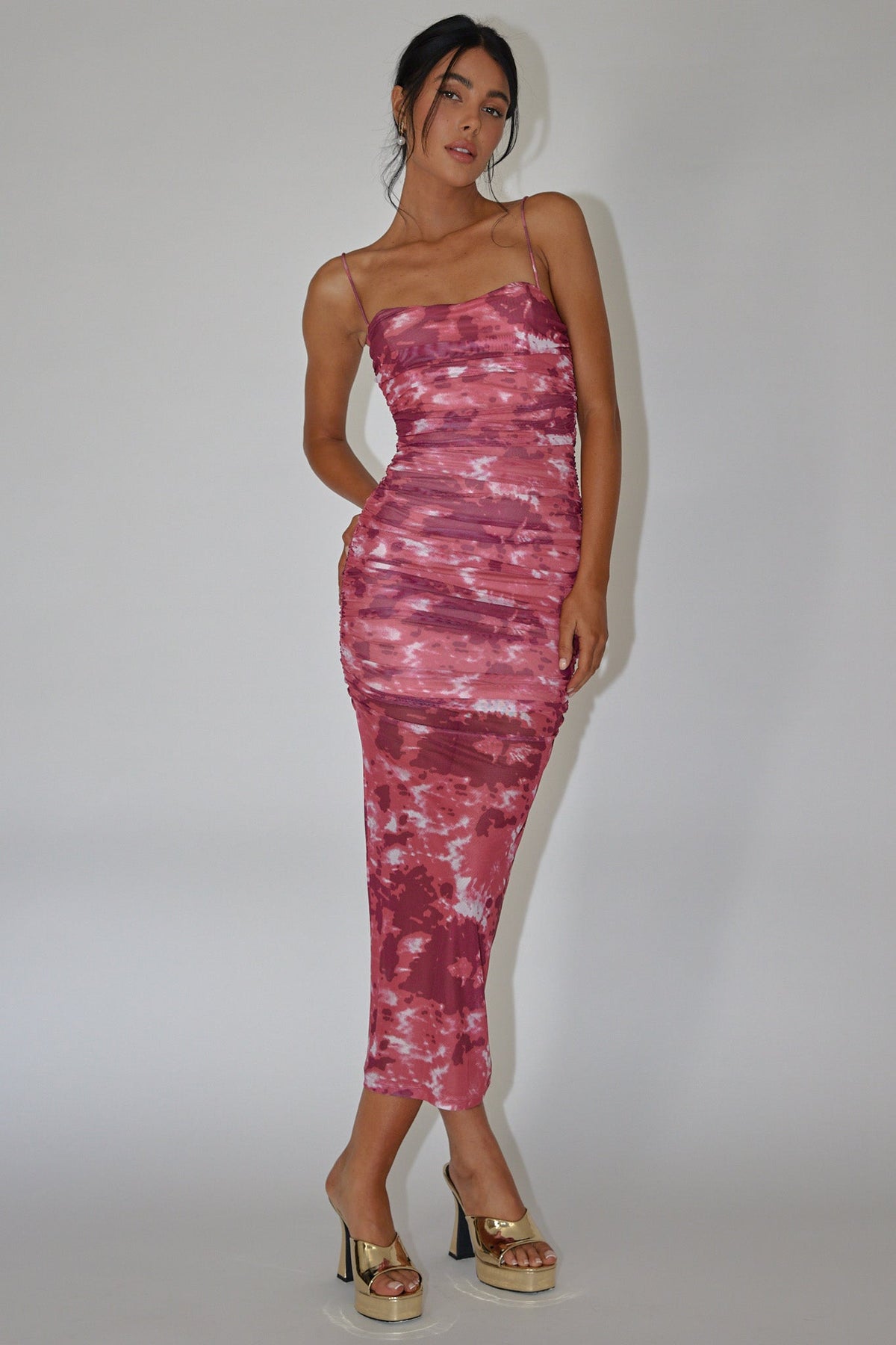 Logan Strapless Ruched Midi Dress Print Wine