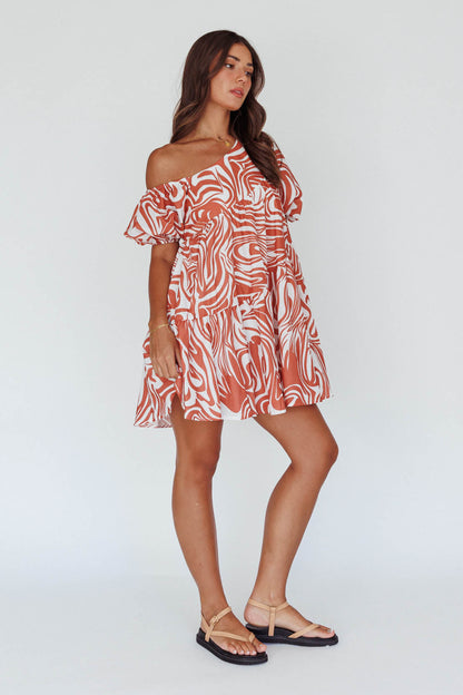 Villa Puff Sleeve One-Shoulder Dress Terracotta