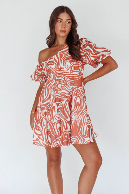 Villa Puff Sleeve One-Shoulder Dress Terracotta