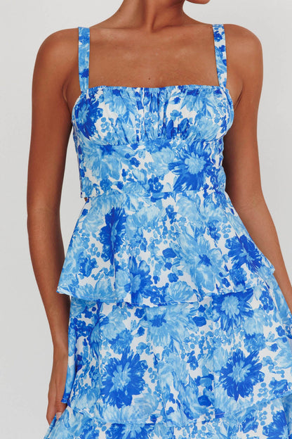 Provence Bloom Tiered Floral Maxi Dress Blue