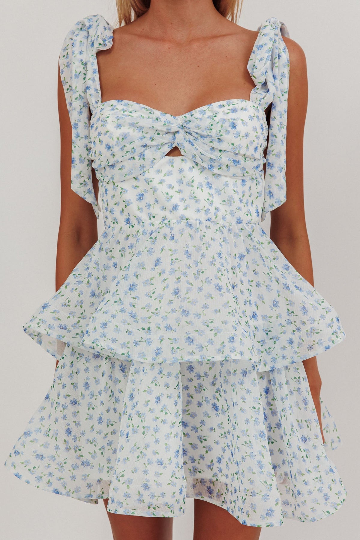 Oliana Tied Shoulder Tiered Mini Dress Floral Blue
