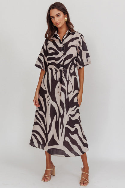 Tiki Boxy Sleeve Print A-line Midi Dress Beige