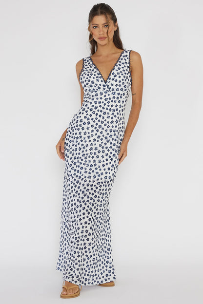 Miss Divine V-Neck Maxi Dress Flower Blue