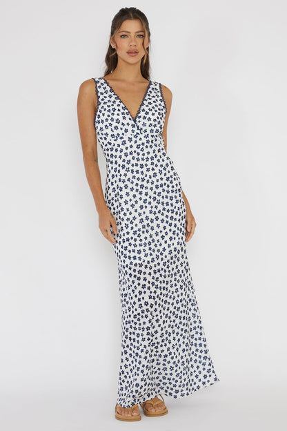 Miss Divine V-Neck Maxi Dress Flower Blue