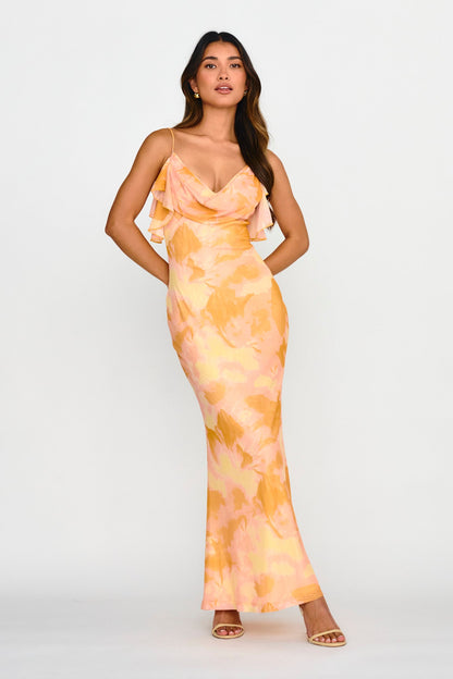 Jannie Draped Neckline Cami Dress Abstract Yellow