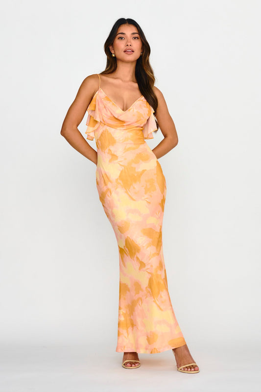 Jannie Draped Neckline Cami Dress Abstract Yellow