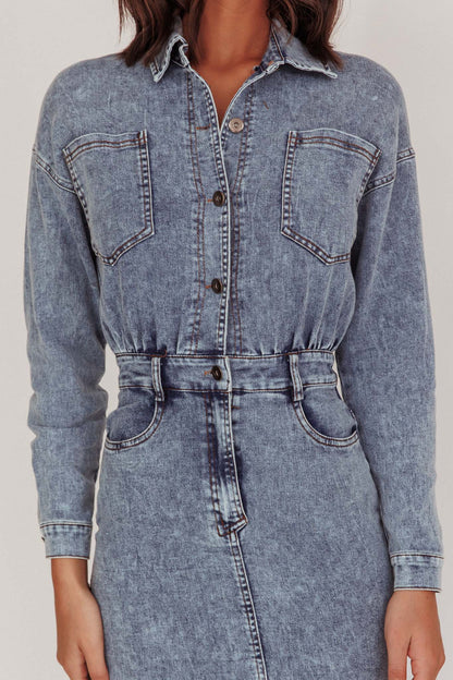 Light Inside Long Sleeve Midi Dress Denim Blue