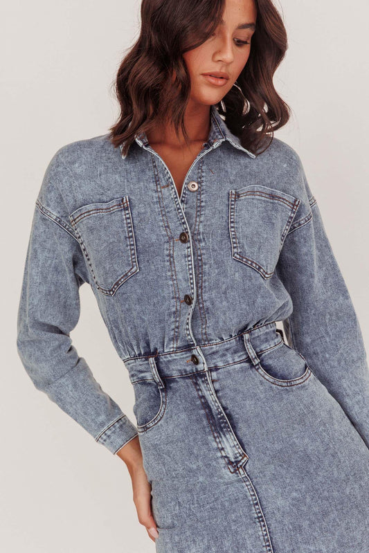 Light Inside Long Sleeve Midi Dress Denim Blue