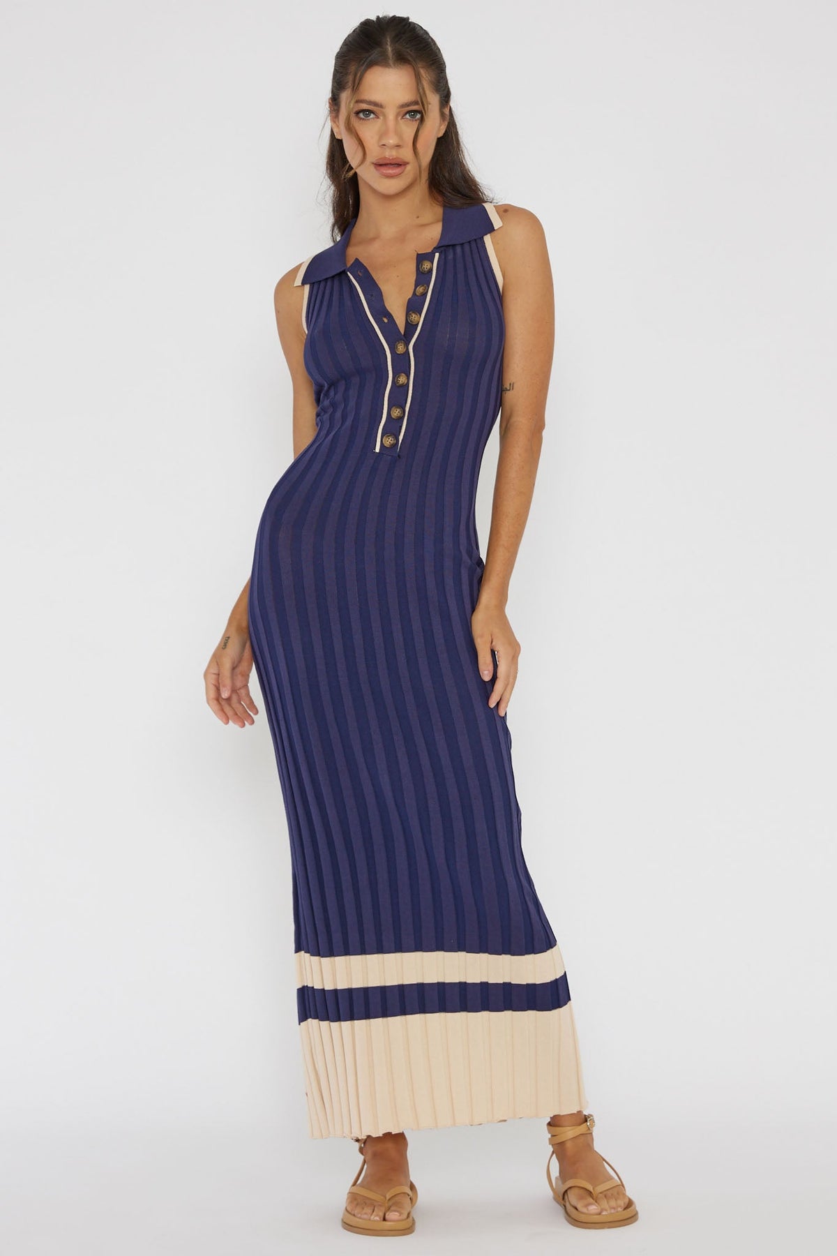 Cayla Button-Up Ribbed Knit Dress Navy