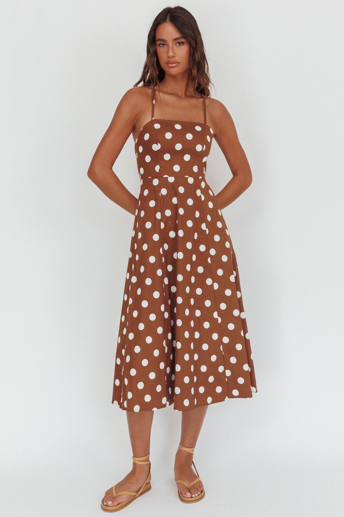 Second Glance Olga Criss-Cross Back Midi Dress Polka Dot Brown