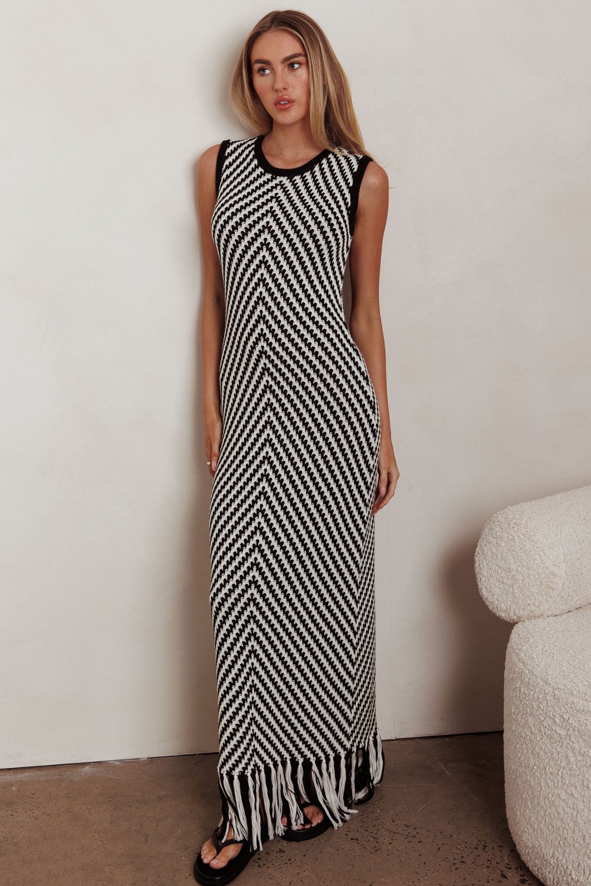 Same Place Fringed Knit Maxi Dress Black