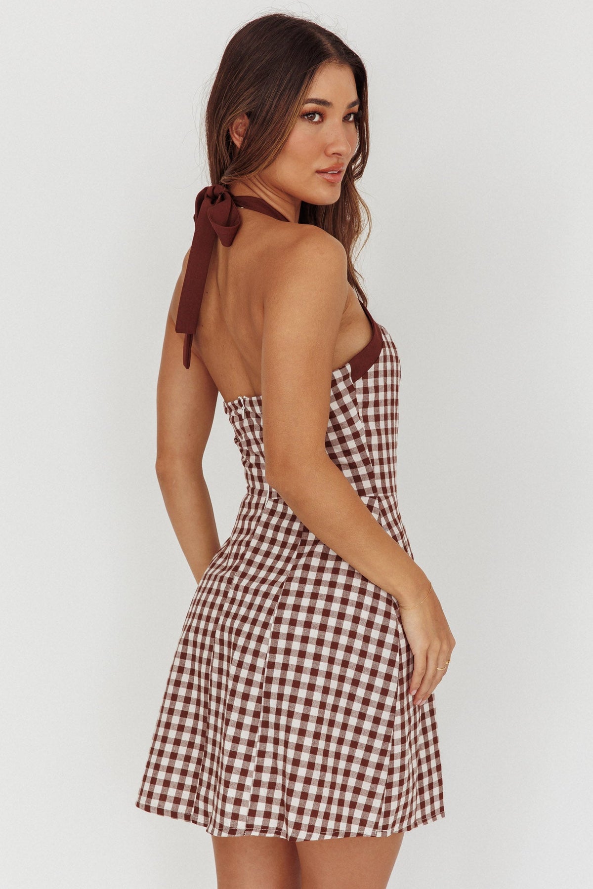 Lady Bow Halterneck Mini Dress Plaid Brown