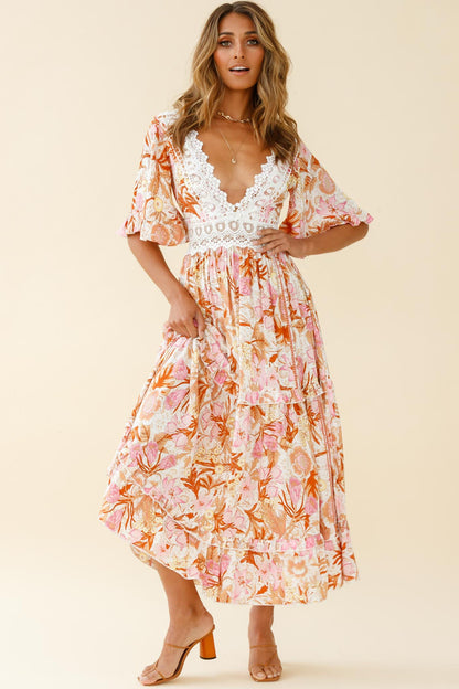 Indio Crochet Insert Deep V-Neckline Angel Sleeve Maxi Dress Floral Print Pink