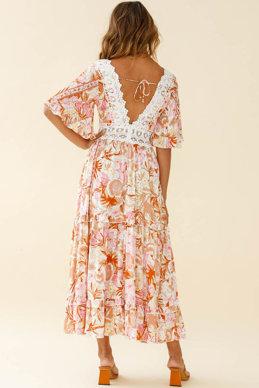 Indio Crochet Insert Deep V-Neckline Angel Sleeve Maxi Dress Floral Print Pink