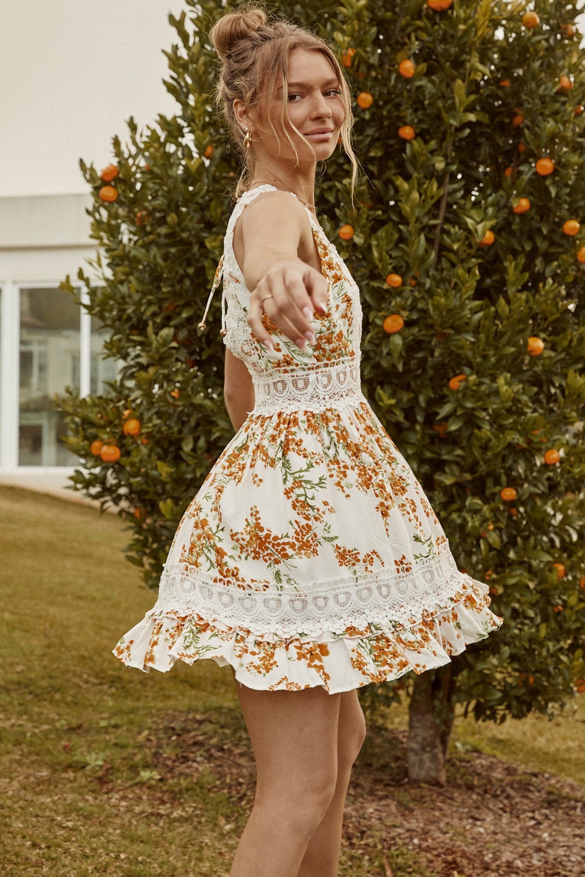 Indio Crochet Insert Deep V-Neckline Mini Dress Floral Print White/Orange