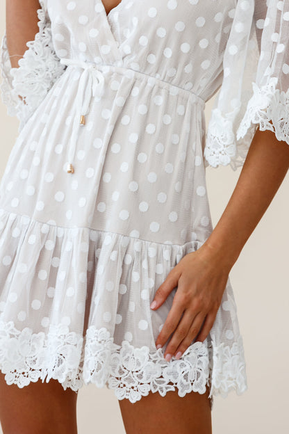 Dream On Flared Sleeve Lace Trim Polka Dot Mesh Dress White
