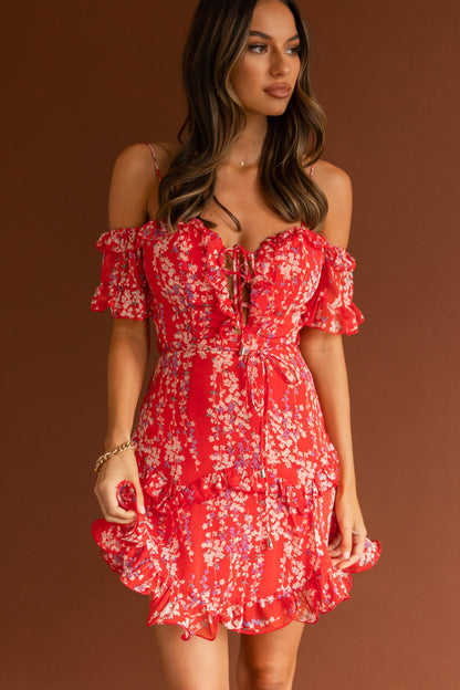 Maranda Bardot Lace-Up Bust Dress Dainty Floral Red