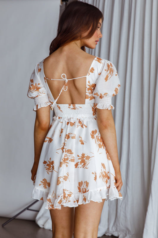 Summer In Paris Puff Sleeve Open Back Dress Floral Tan