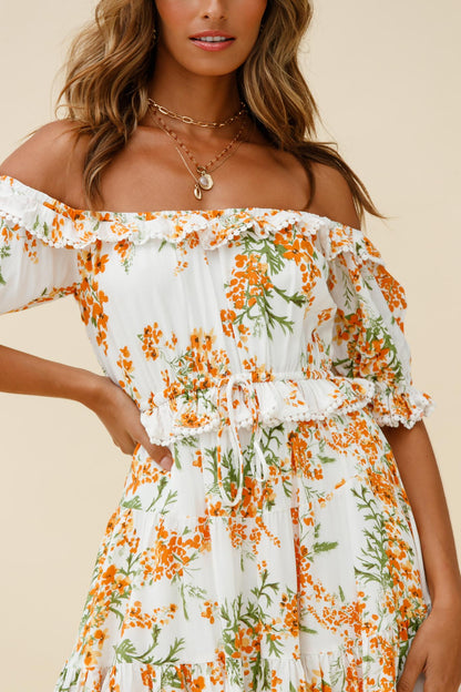 Sierra Bonita Off-Shoulder Drawstring Waist Dress Floral Print Orange Multi
