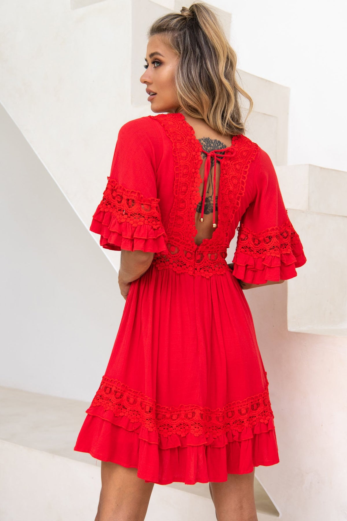 Kauai V-Neckline Crochet Lace Trim Dress Red