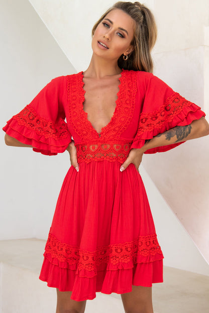 Kauai V-Neckline Crochet Lace Trim Dress Red