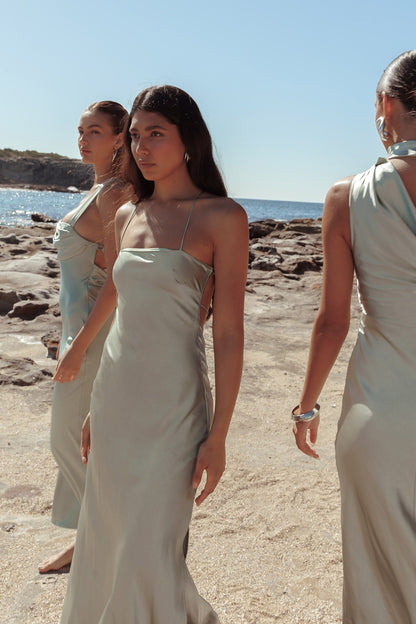 Dolce Life Backless Satin Maxi Dress Sage