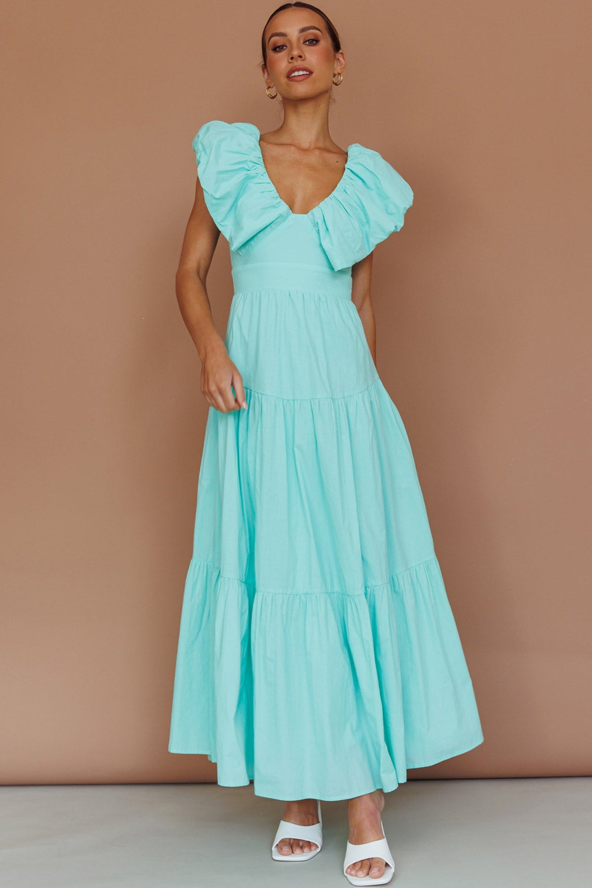 Kahlo Puffed Ruffle Neckline Maxi Dress Mint