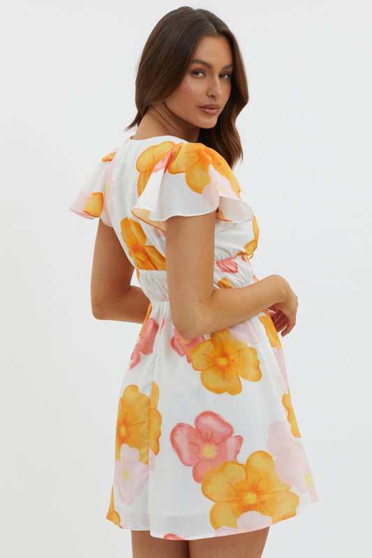 Carnivale Angel Sleeve Mini Dress Floral Orange