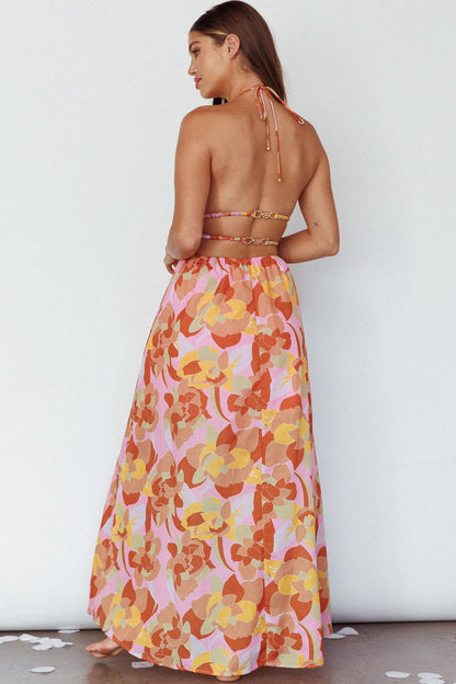 Cyndi Open Back Halterneck Maxi Dress Pink Multi