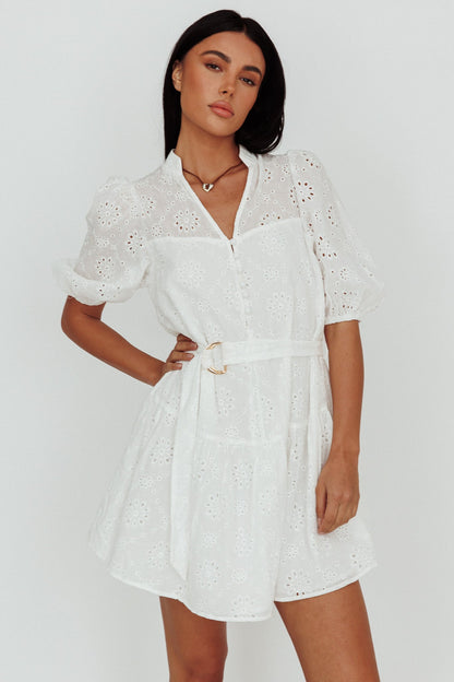 Serita Belted Puff Sleeve Eyelet Mini Dress White