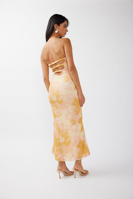 Lennox Elastic Back Bodycon Dress Floral Yellow