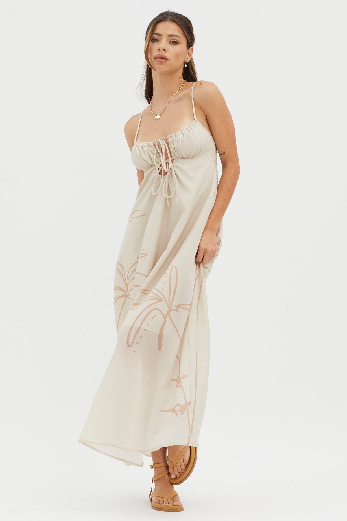 Yuki Tied Bust Midi Dress Sand