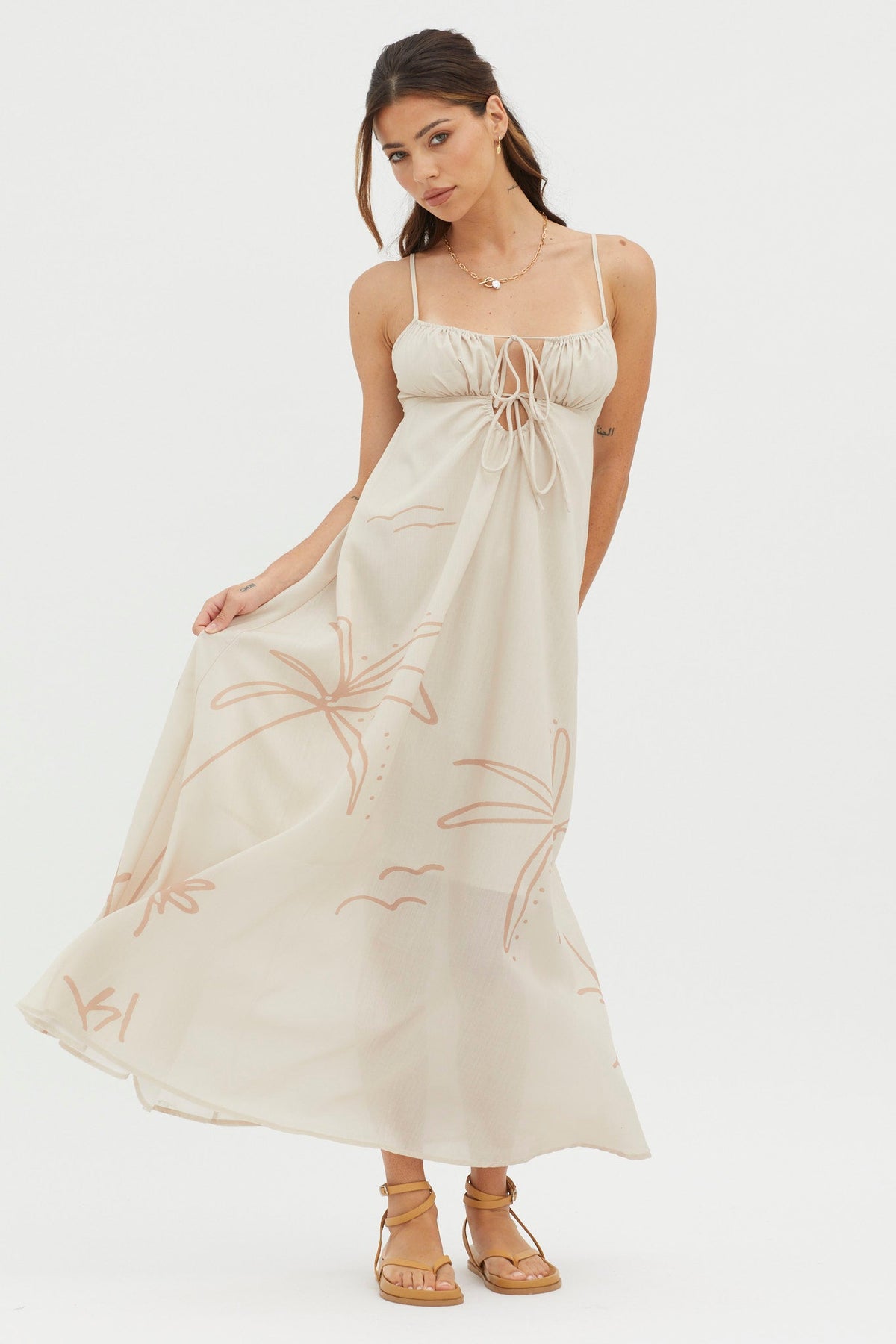Yuki Tied Bust Midi Dress Sand