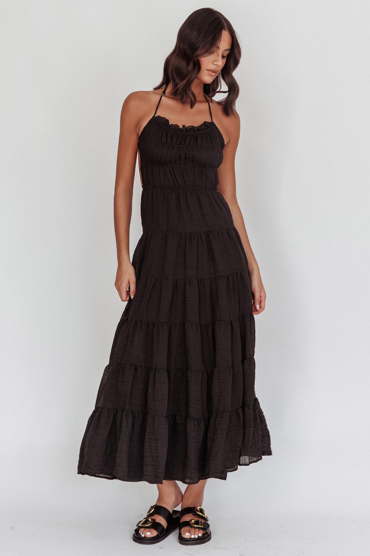 On A High Open Back Maxi Dress Black
