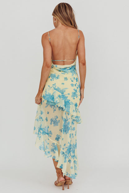 Chances Rosette Ruffle Midi Dress Floral Lemon