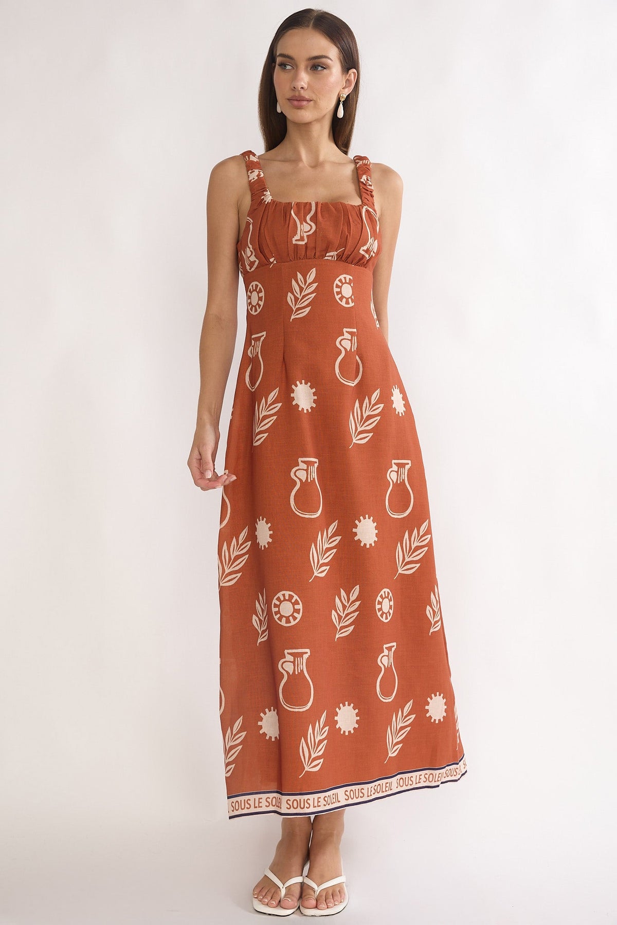 Aila Gathered Bust Maxi Dress Print Tan